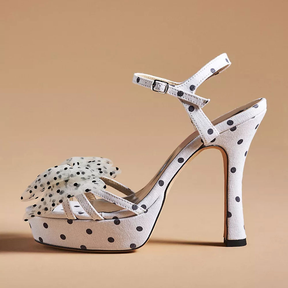 Cute White Ankle Strap Heels Polka Dot Platform Sandals with Bow