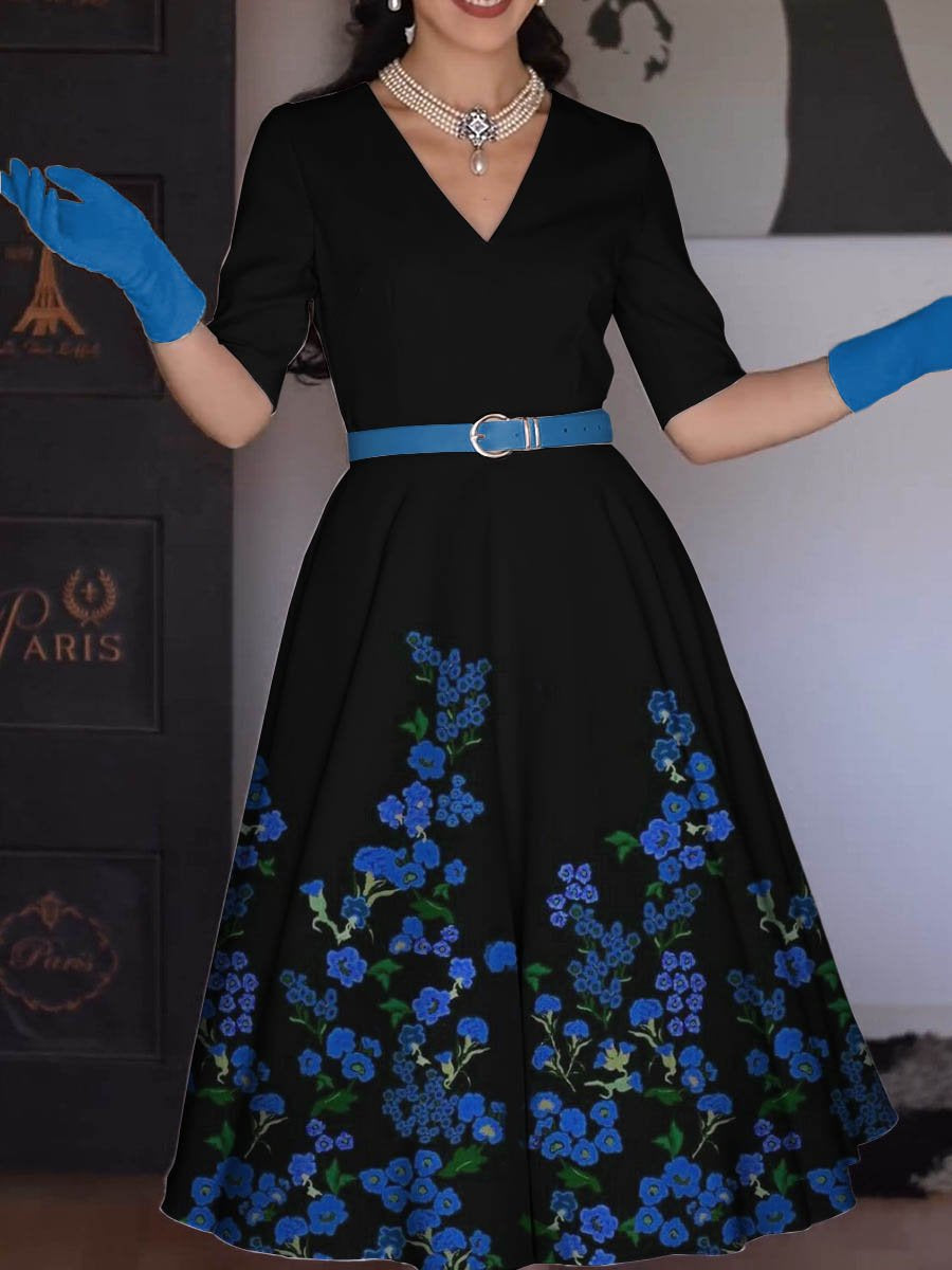Vintage Loose Half Sleeves Buttoned H-Line Midi Dress