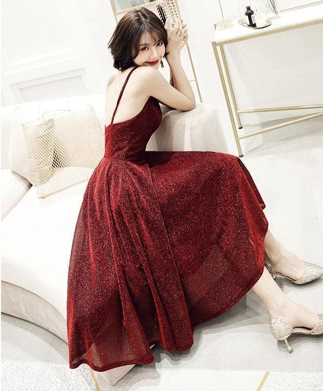 Simple V Neck Tulle Sequin Short Prom Dress, Burgundy Homecoming Dress