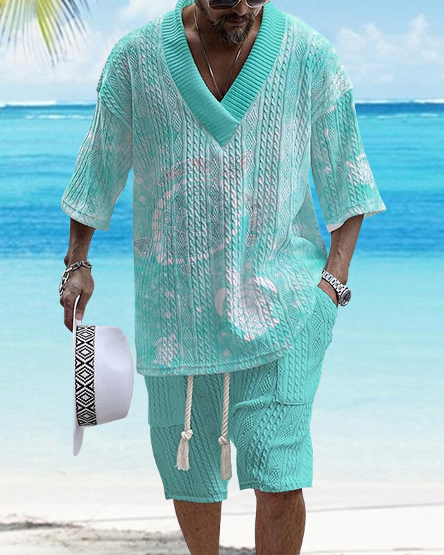 Men's V-Neck Luxury Colorblock Textured Resort Turtle Print Shorts Set