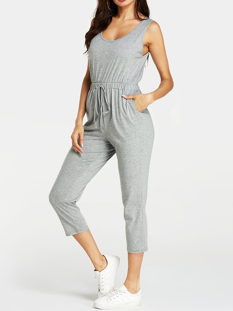 Solid Color Drawstring Pocket Sleeveless Casual Jumpsuit for Women - Shop Trendy Women's Clothing | LoverChic