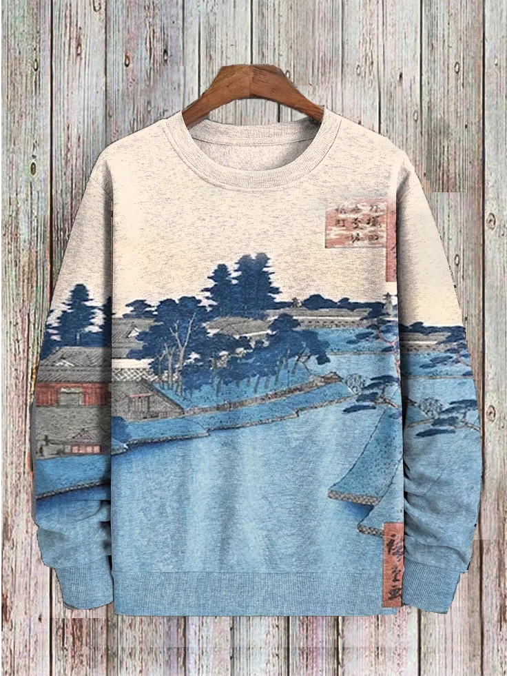 Men's Village River Tree Ink Landscape Japanese Art Printed Sweatshirt