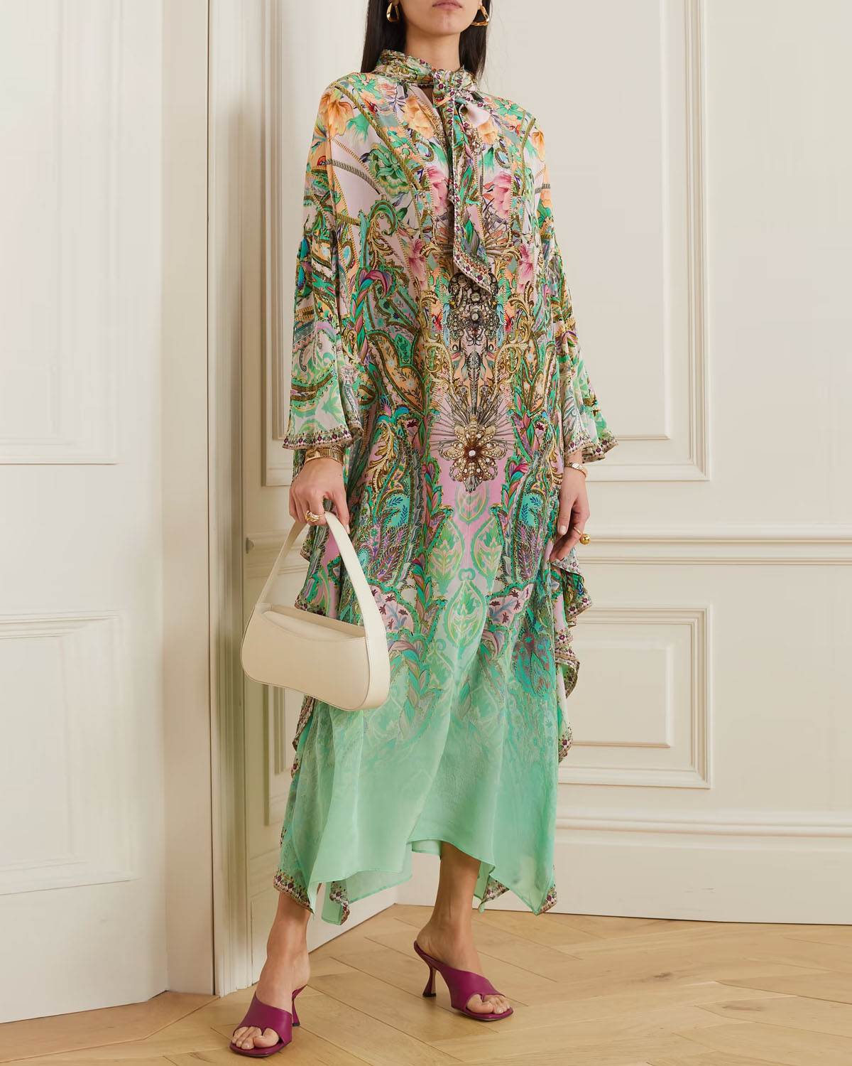 Pussy Bow Embellished Printed Silk Kaftan