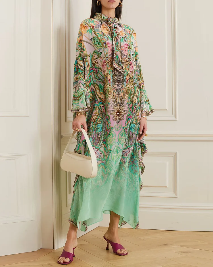 Pussy Bow Embellished Printed Silk Kaftan