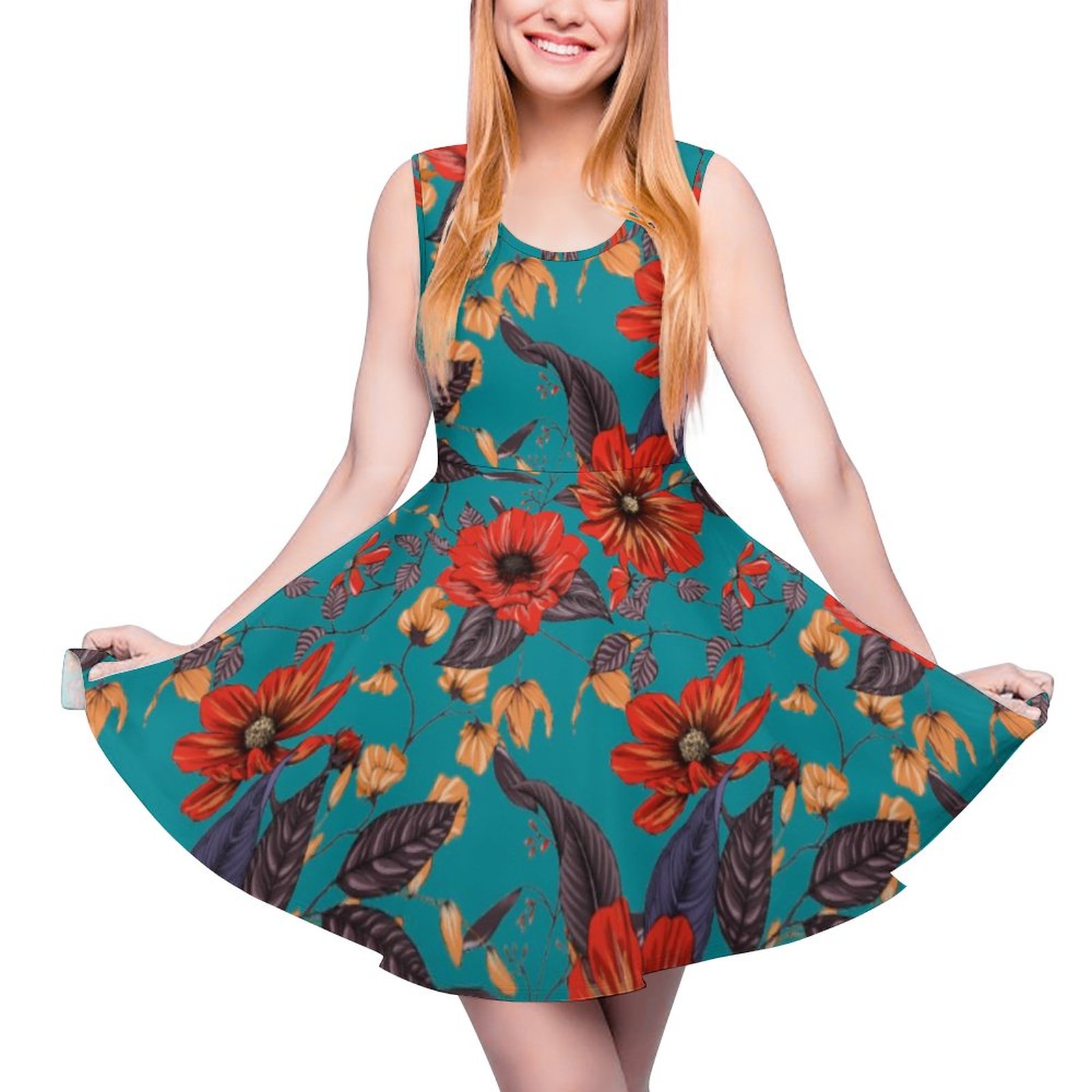 Rustic Red and Teal Floral Crewneck A-Line Skater Dress, Sleeveless Henley Dress Red & Floral-4XL