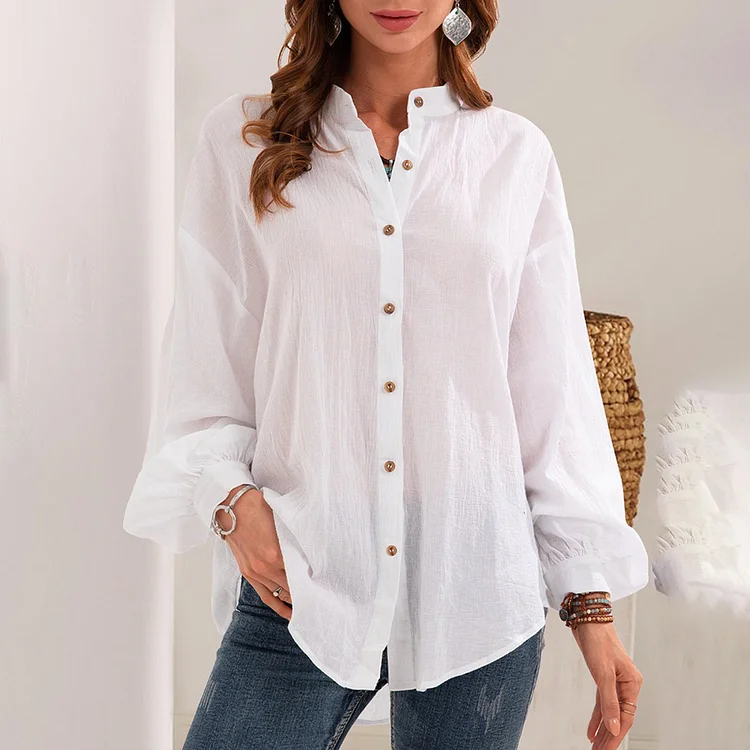 Women's Daily Stand Collar Button Long Sleeve Solid Linen Blouse