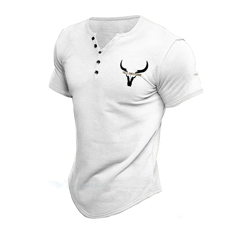 Casual White Bull Head Print Henley Collar T-Shirt