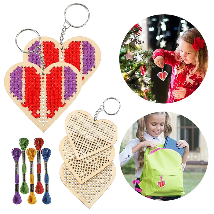 10Pcs Blank Wooden Keychain Cross Stitch Decoration Kit Heart for Kids Beginners