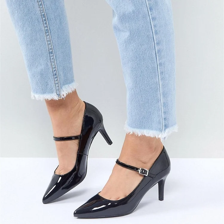 Black Patent Leather Pointy Toe Stiletto Heel Mary Jane Pumps |FSJ Shoes