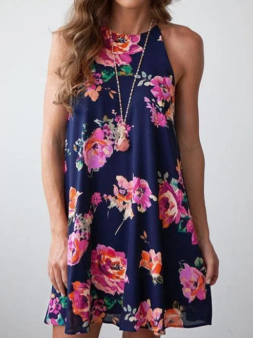 Random Floral Print Halter Neck Casual Dress