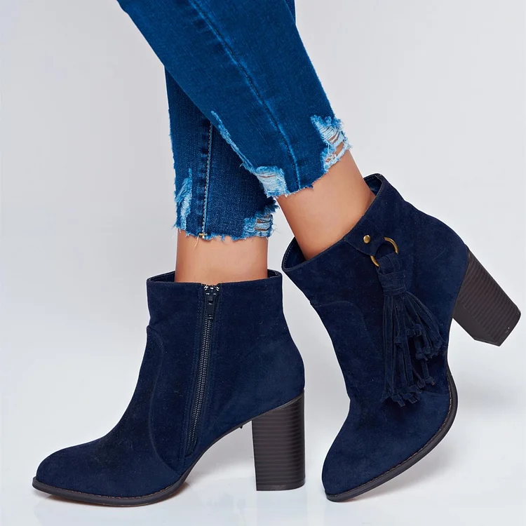 Navy Vegan Suede Chunky Heel Side Zipper Ankle Boots with Fringe |FSJ Shoes