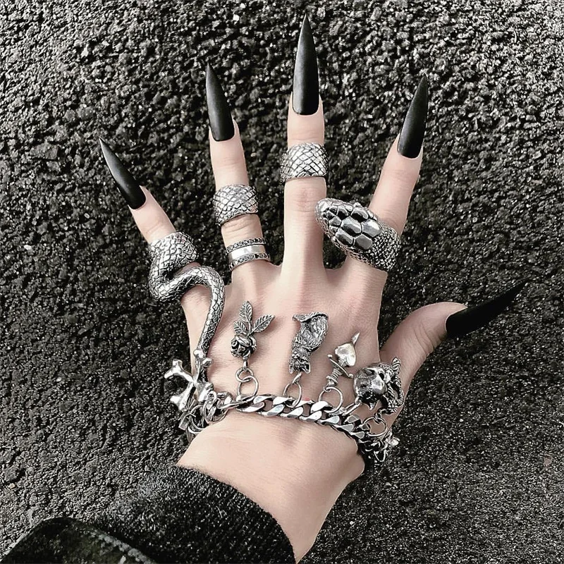 Retro Heavy Metal Dark Gothic Style Python Split Four Piece Ring Set - Devcarry