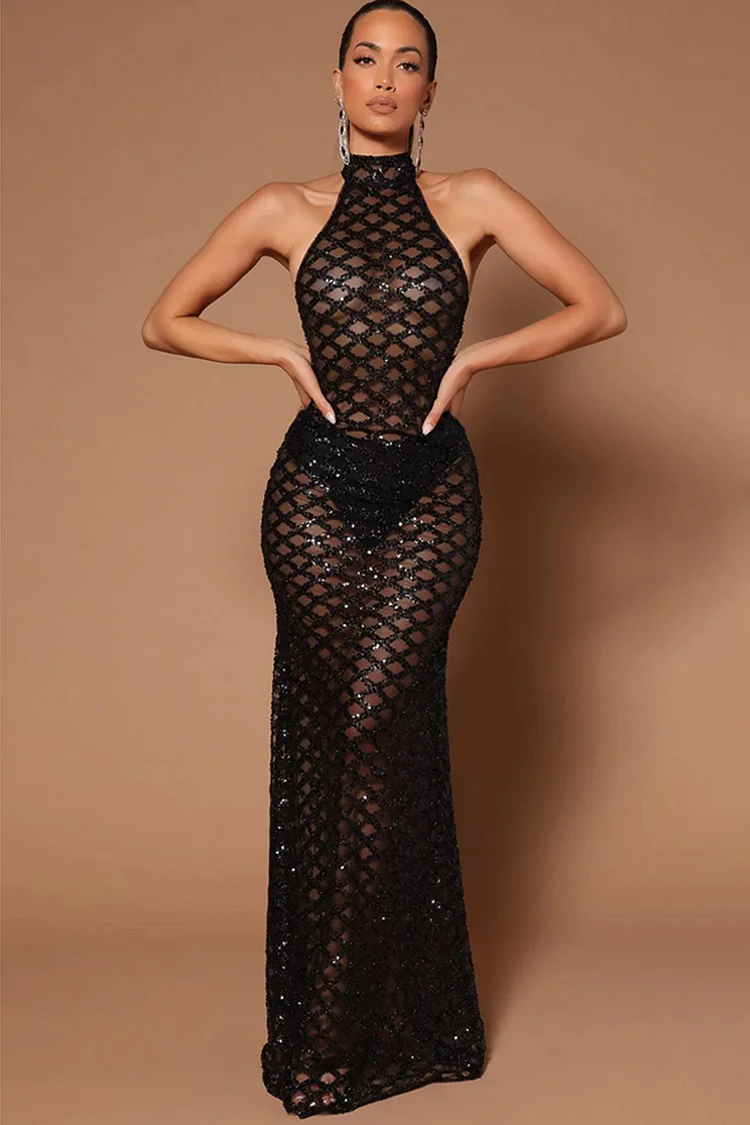 Halter Neck Backless Hollow Out Sequin Maxi Dress-Black