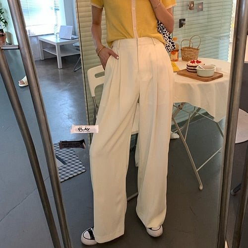 2022 Summer Loose Casual Long Women Fashion Thin High Waist Pants Black Simple Wide-leg Pants Trousers Korean - BlackFridayBuys