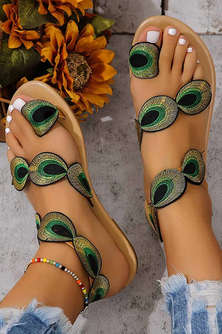 Peacock Feather Embroidery Patchwork Toe Ring Casual Sandals