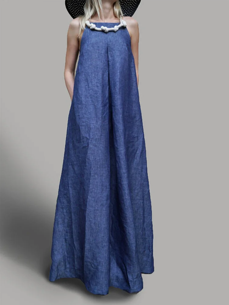 Fashion Solid Color Halter Sleeveless Maxi Denim Dress