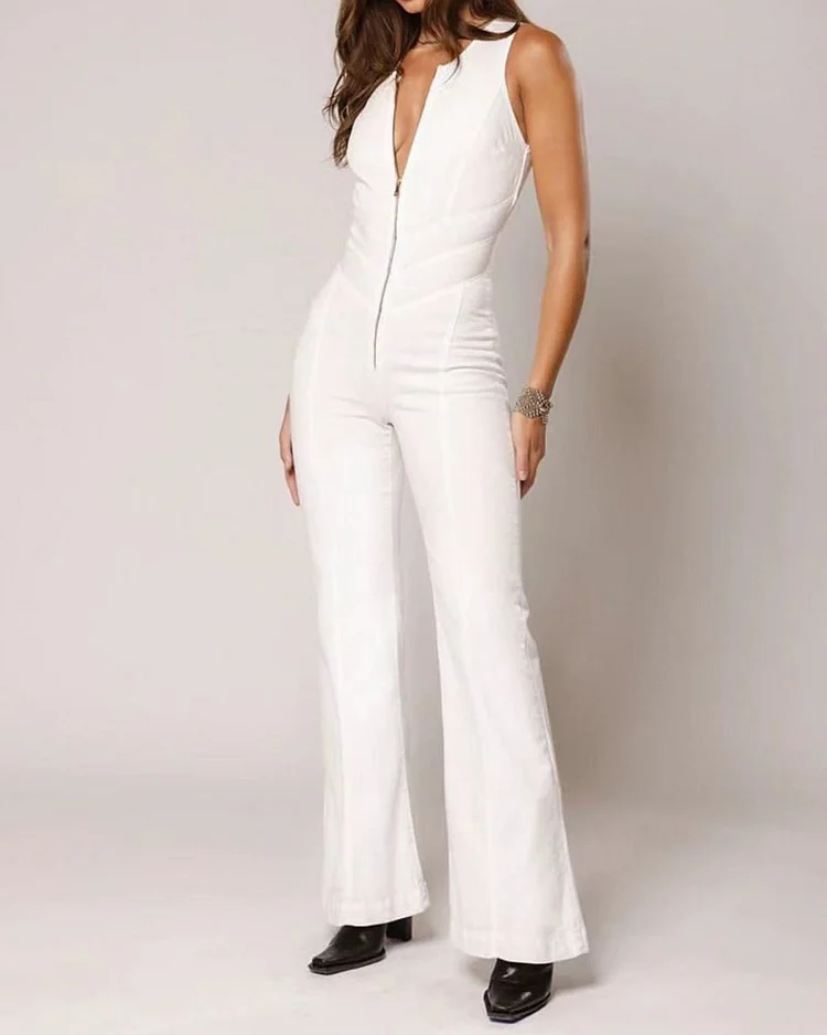 Solid Color Sleeveless Zip Jumpsuit