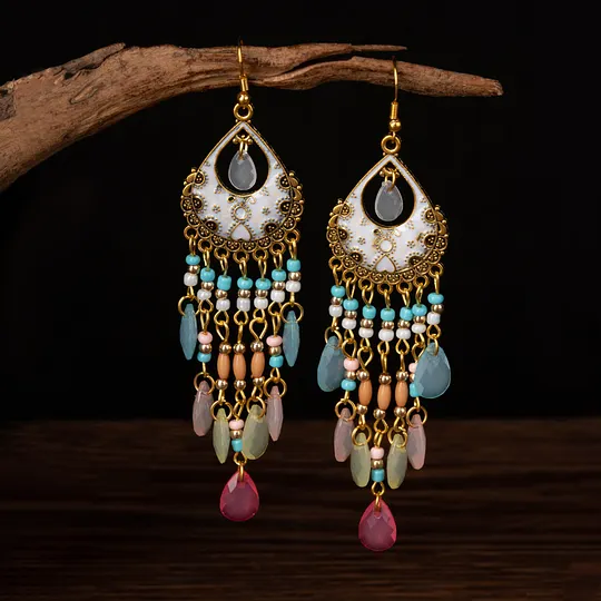 National wind crystal tassel earrings Bohemian temperament earrings retro long shawl accessories a generation of hair women