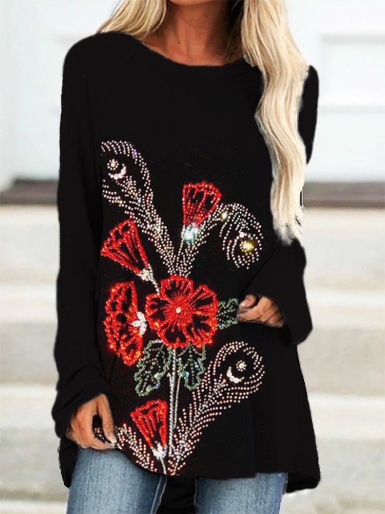 Comstylish Glitter Flower Art Long Sleeve T Shirt