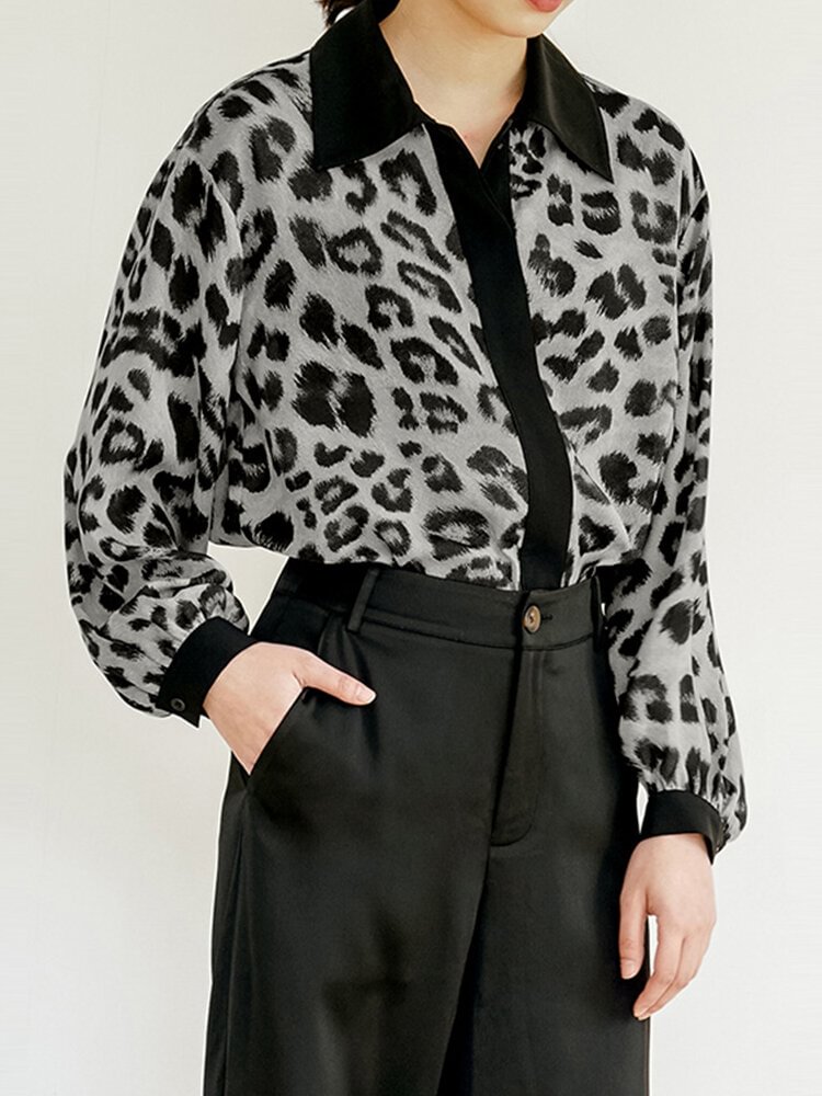 Leopard Print Turn down Collar Casual Long Sleeve Blouse P1730716