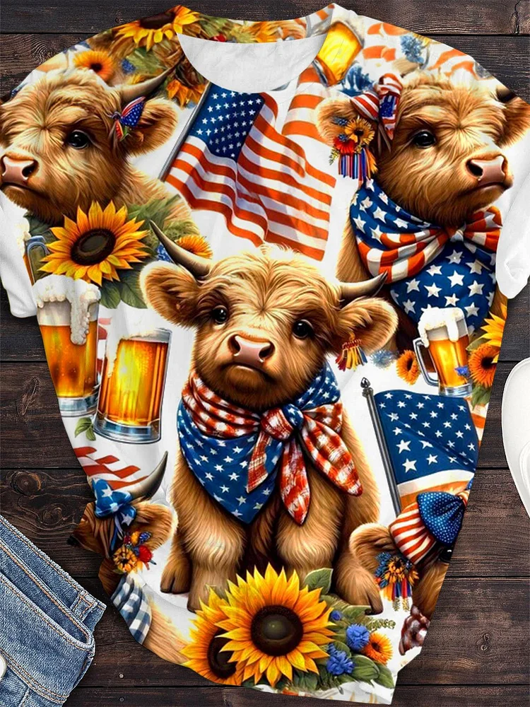 USA Flag Highland Cow Print Crew Neck T-shirt