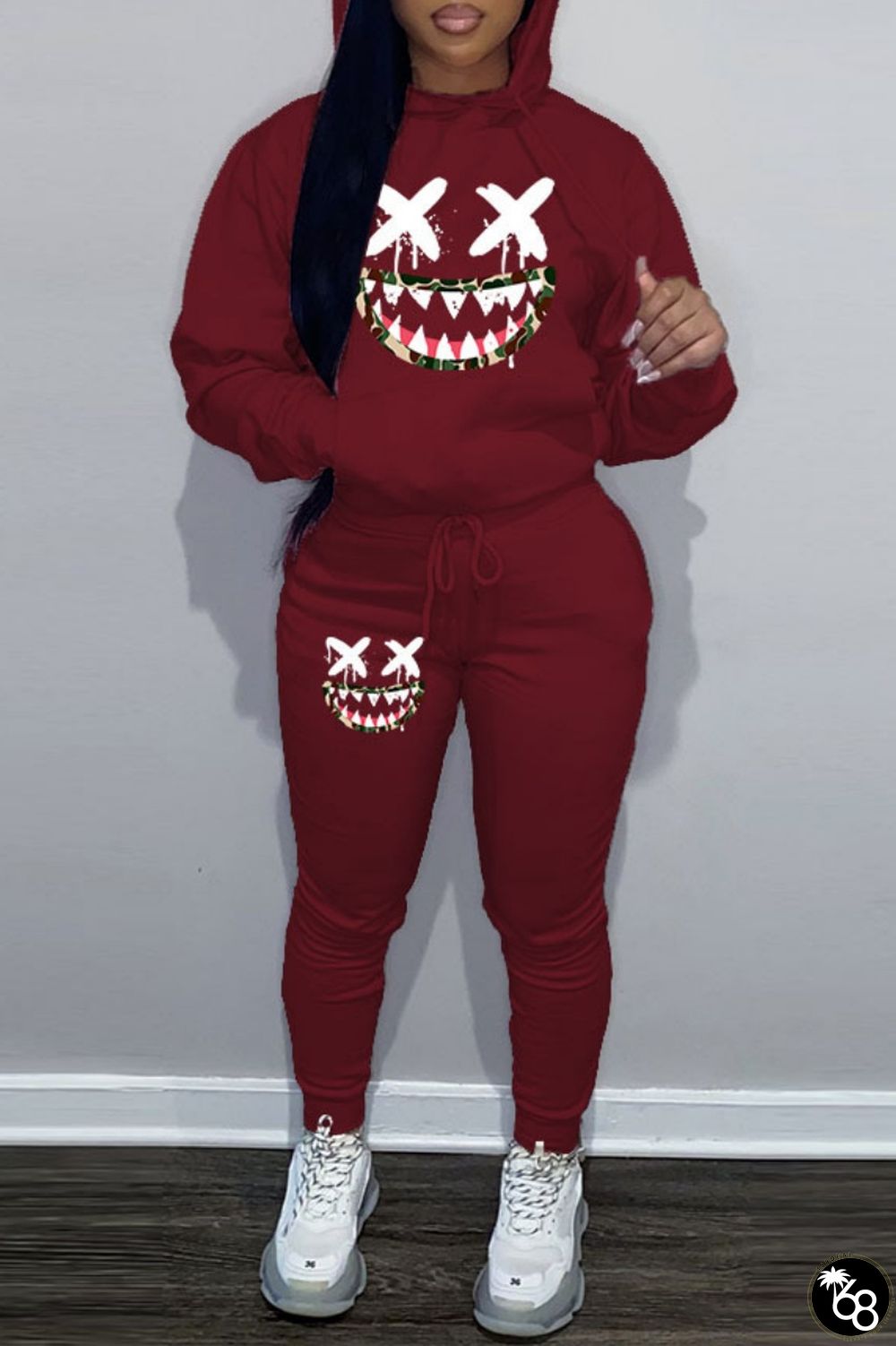 Casual Print Basic Hooded Collar Long Sleeve Two Pieces | 168DEAL