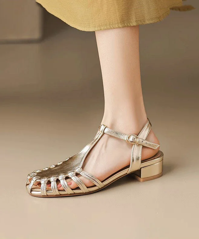 Gold Hollow Out Buckle Strap Splicing Chunky Sandals Faux Leather