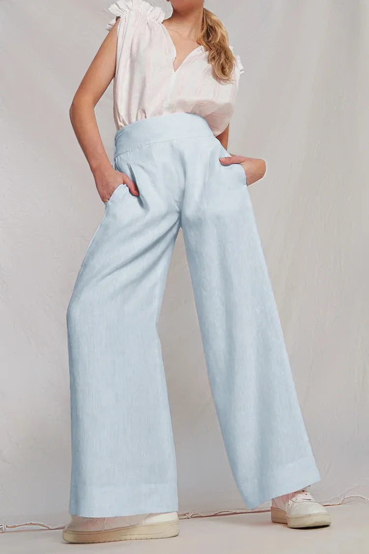 Wide Leg Elastic High Waist Pocket Linen Pink Pants