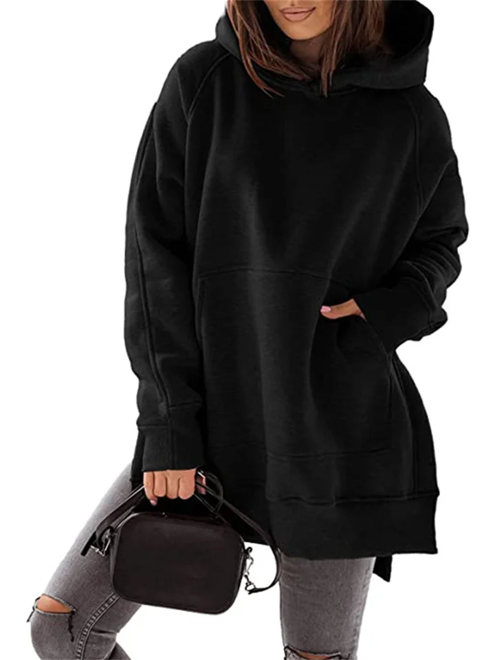 Women's New Long Sleeve Round Neck Padded Sweatshirt Solid Color Pocket Loose Hooded Long Sleeve Sweatshirt-Cosfine