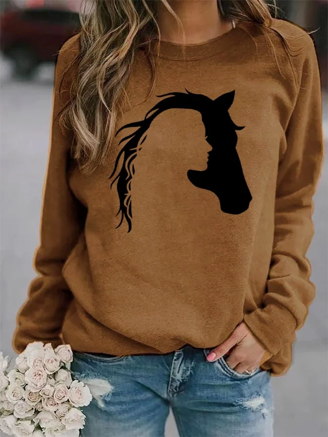 Women's Girl And Horse Silhouette Casual Sweatshirt