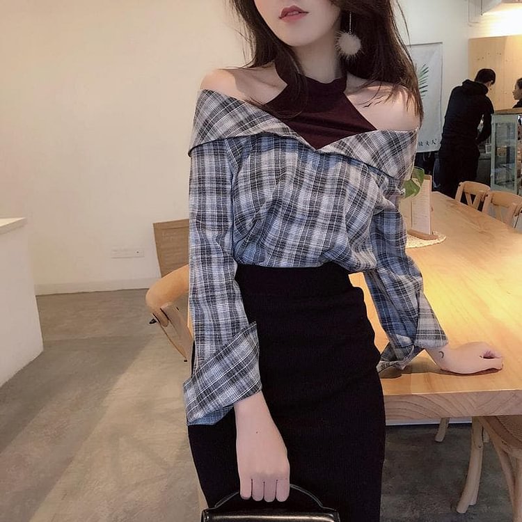 BlackPink Chic Grid Off-Shoulder Shirt SP1811907