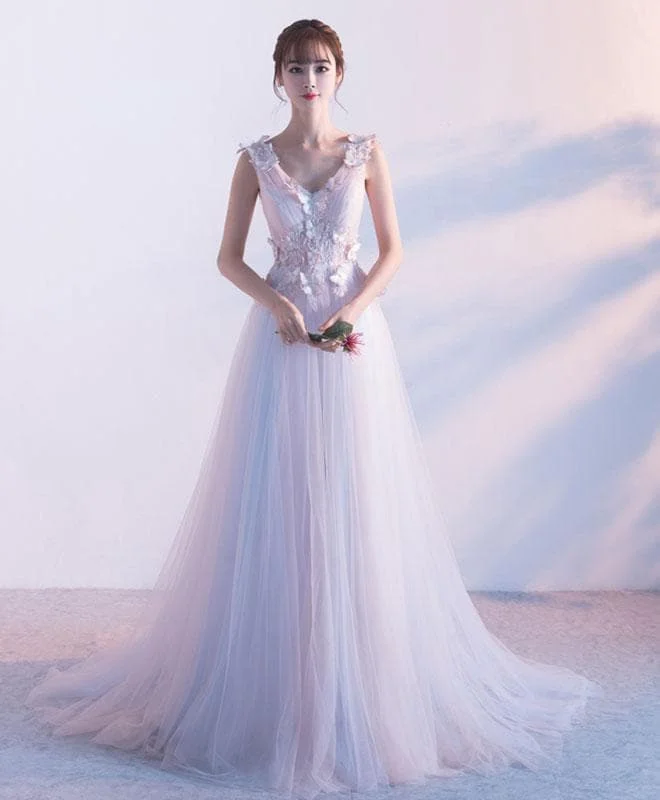 Pink V Neck Tulle Long Prom Dress, Pink Evening Dress