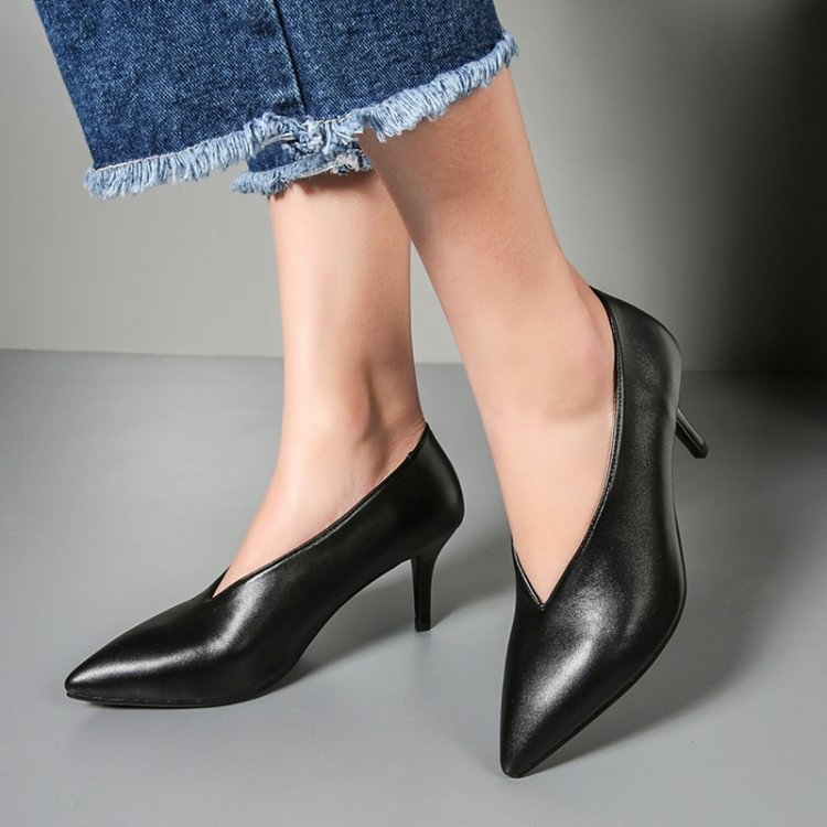 Women's Black Pointy Toe Low-cut Commuting Stiletto Heels Vintage Shoes |FSJ Shoes