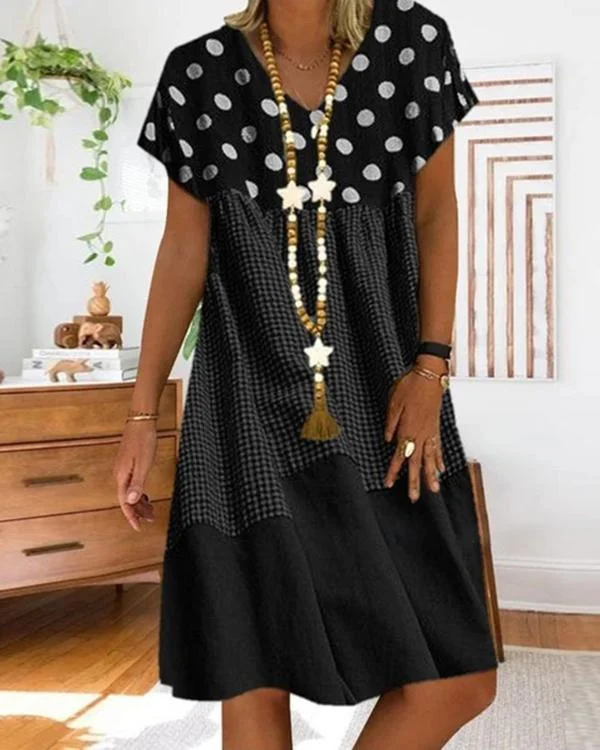 Women Polka Dot Plaid Stitching Short Sleeve V-Neck Dress