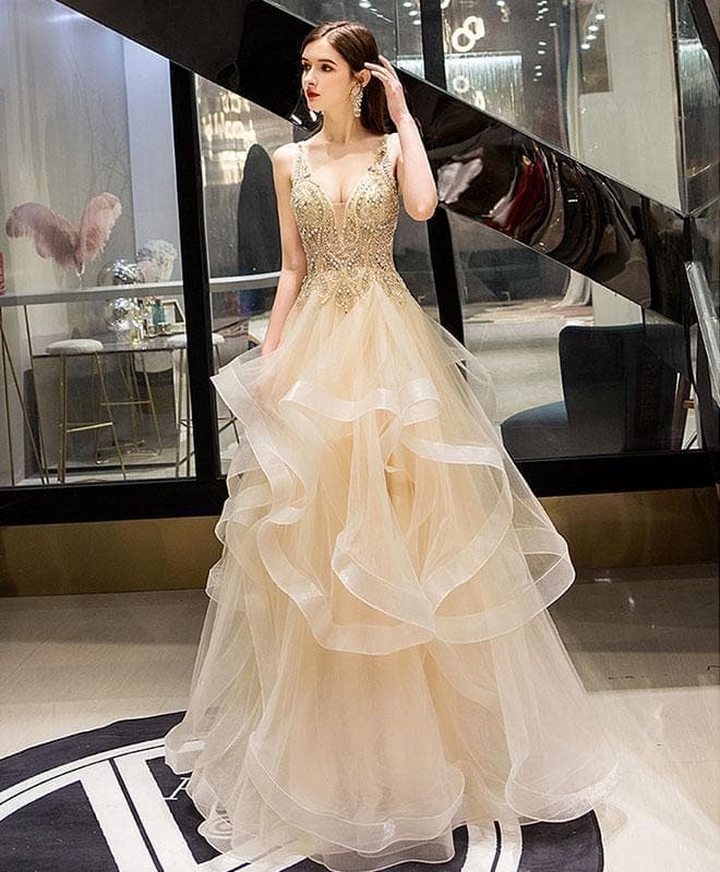 Champagne V Neck Tulle Beads Long Prom Dress, Champagne Evening Dress