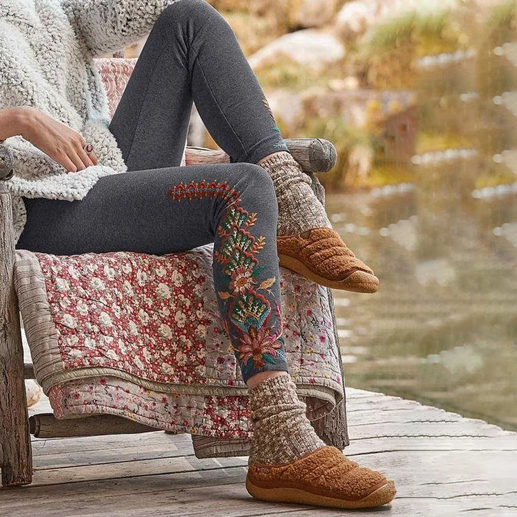 Comstylish Western Ethnic Floral Embroidered Cozy Leggings
