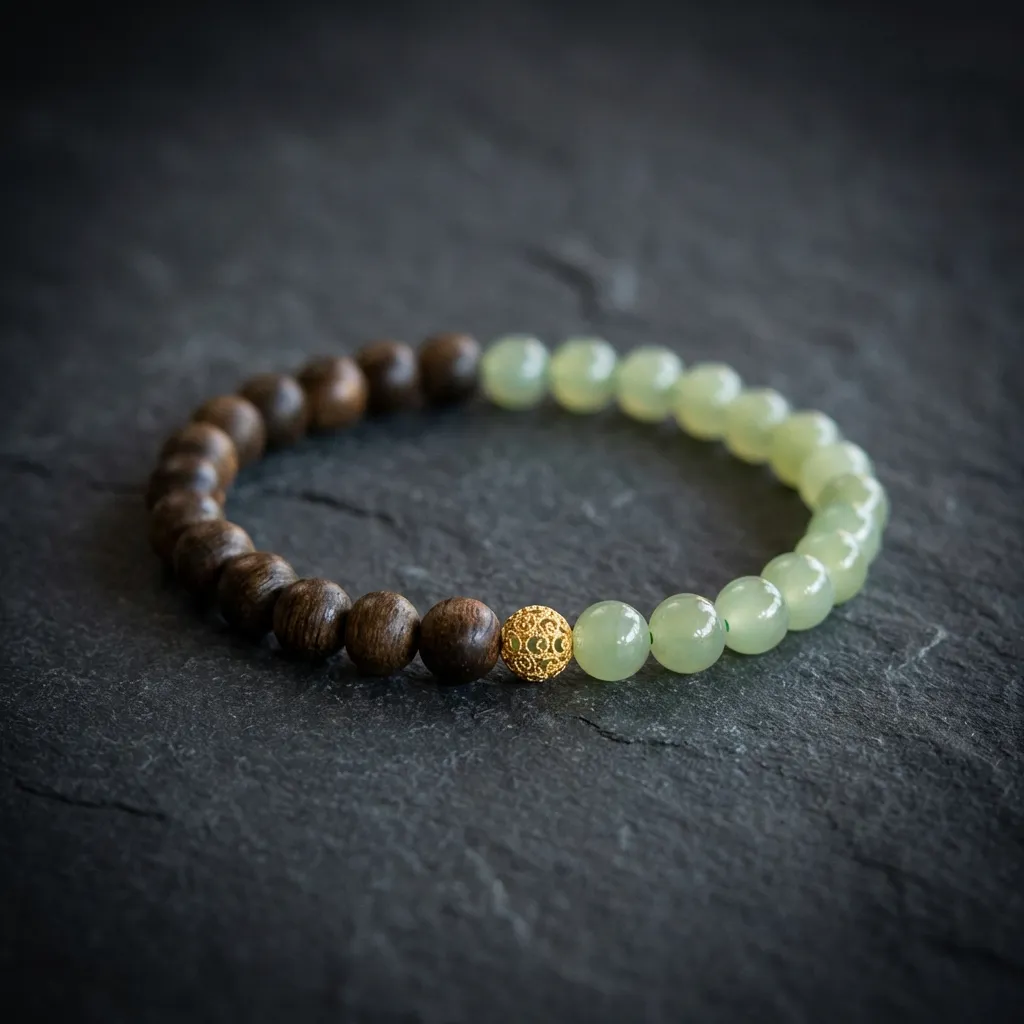 JiStones Brunei Agarwood & Hetian Jade Serenity Bracelet Bi-Color 'Mountain & Water' Jade + Agarwood (Single Wrap)-6mm Bead Size (Delicate Fit)