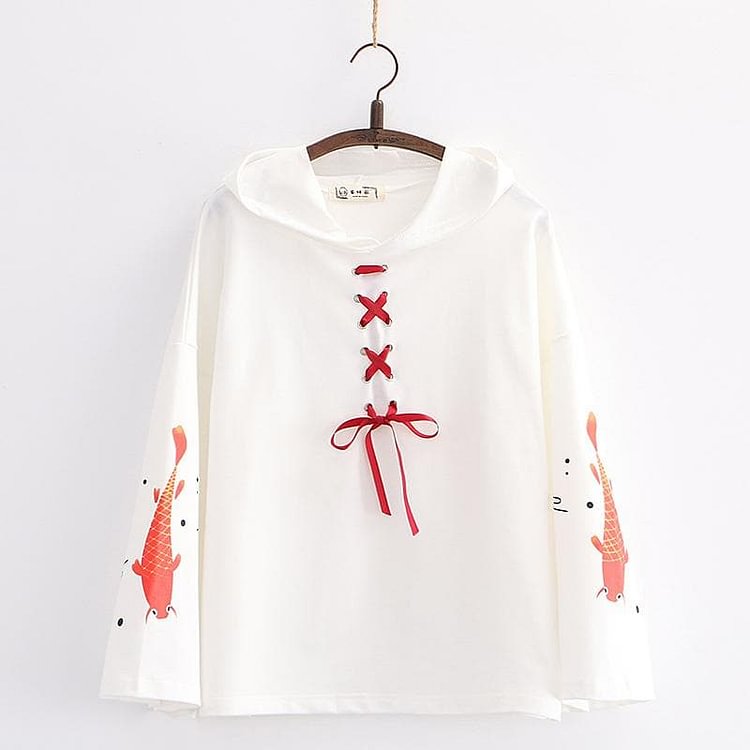 Cartoon Fish Print Lace Up Flare Sleeve Hooded Pullover SP15123