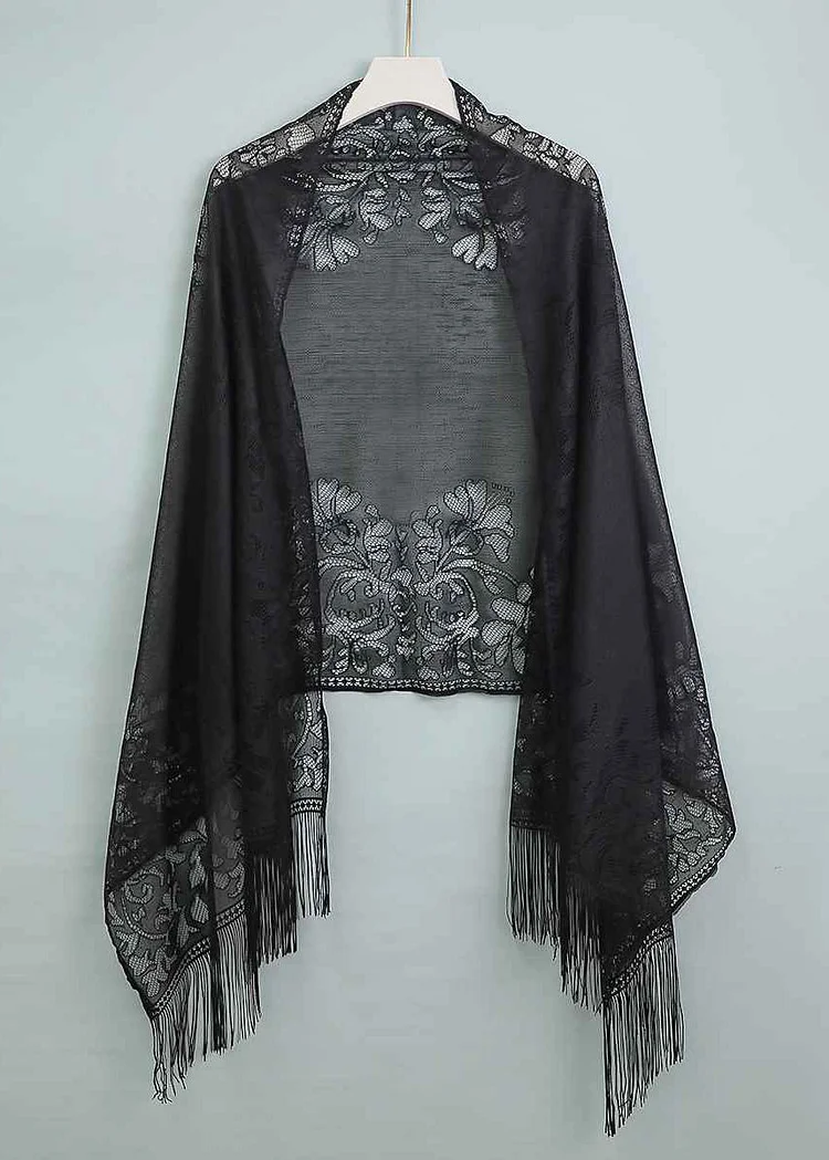 Handmade Chinese Style Black Tasseled Hollow Out Scarf
