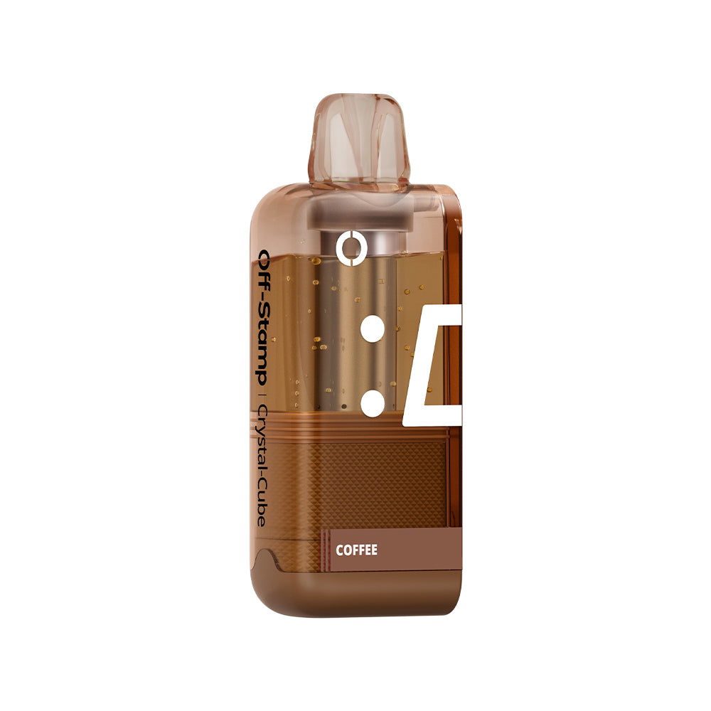 Off-Stamp X-Cube Crystal Cube vape, Coffee flavor, brown casing, golden liquid, metallic accents.