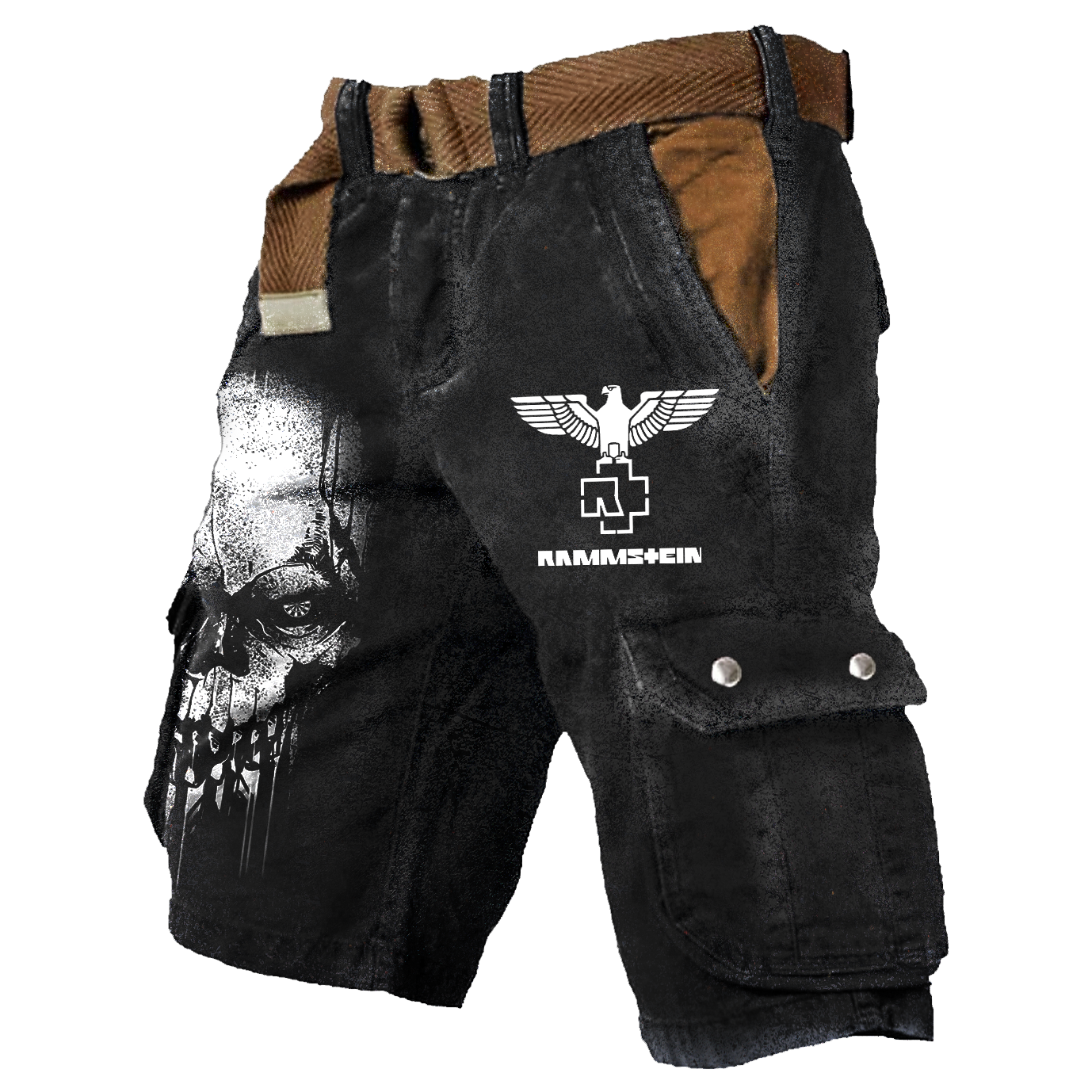 Men's Rammstein Rock Band Print Outdoor Vintage Multi Pocket Studded Cargo Shorts / TECHWEAR CLUB / Techwear