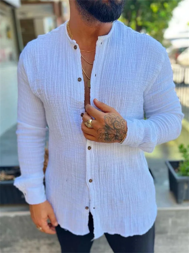 Men's Cotton Linen Double Wrinkle Long Sleeve Shirt Fashion Casual-Cosfine
