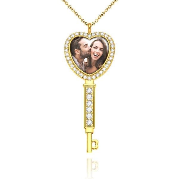 Custom Key Rhinestone Border Photo Necklace Couple Photo Pendant