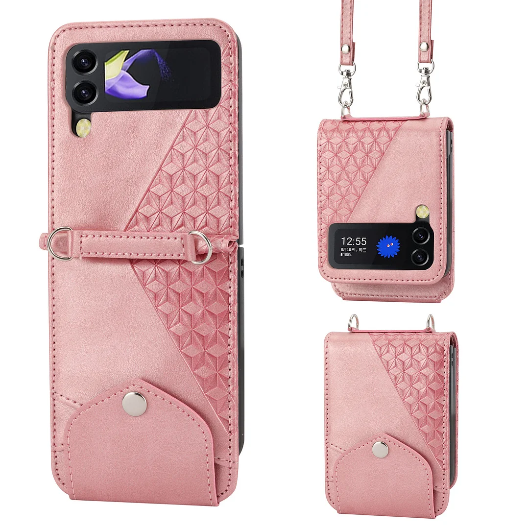 Retro Crossbody Wallet Embossing Leather Phone Case With Lanyard And 2 Cards Slot For Galaxy Z Flip3/Z Flip4