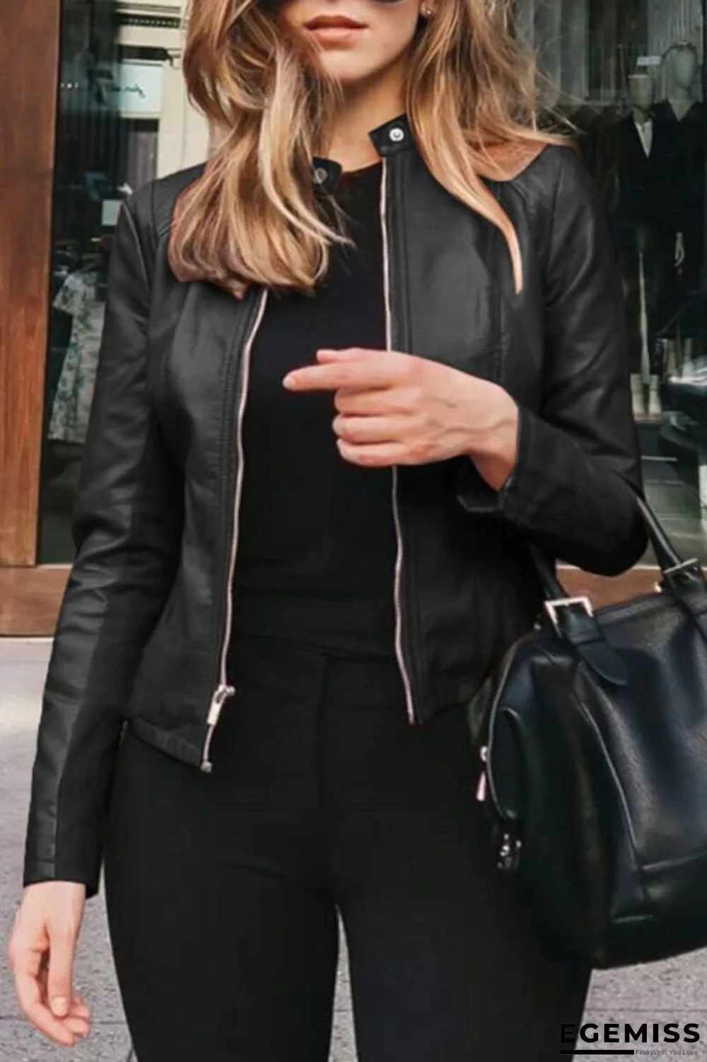 Black Fashion Casual Solid Basic Zipper Collar Plus Size Coats | EGEMISS