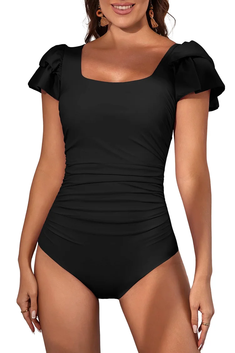 Ruffle Square Neck Tummy Control One Piece Swimsuit