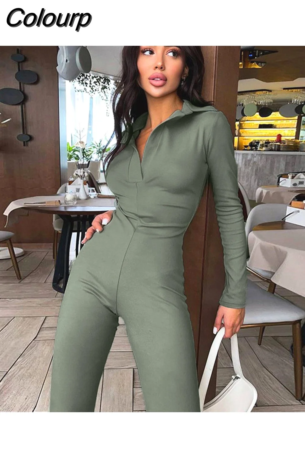 Colourp 2023 Winter Sporty Slim Fitness Jumpsuit Women Rompers Pure Color Casual Streetwear Overalls Female One Piece Jumpsuits
