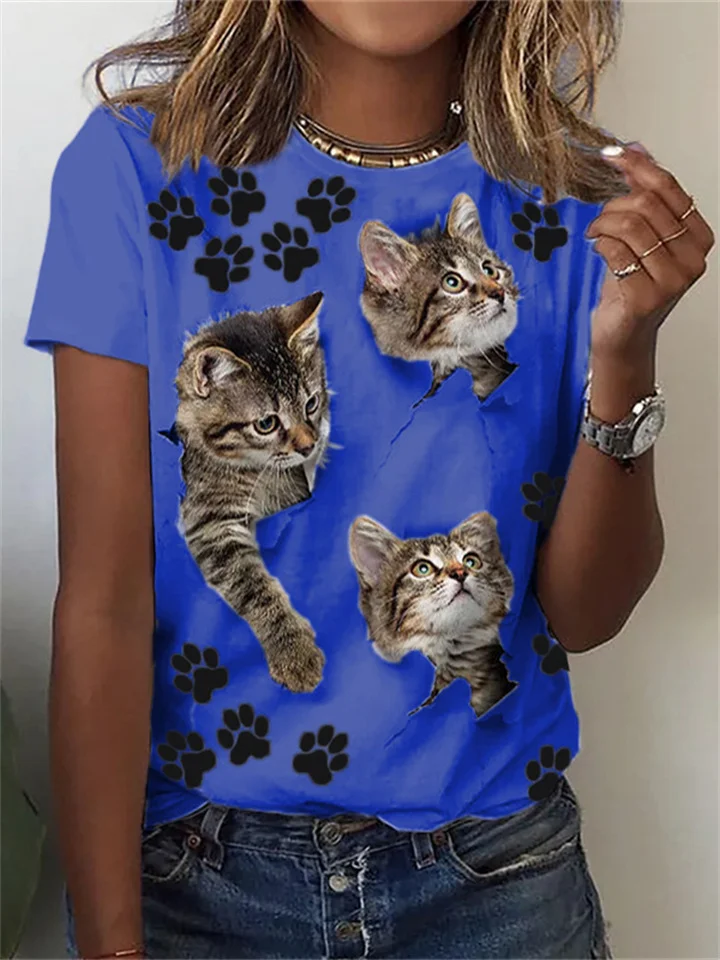 Summer Ladies Pop Animal Cat Print Short Sleeve Round Neck T-shirt Large Size T-shirt-Cosfine