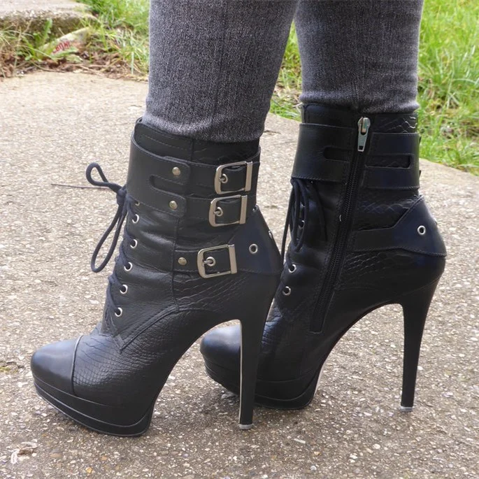 Black Buckle Combat Boots Stiletto Heel Lace-Up Platform Booties |FSJ Shoes