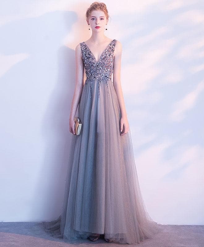 Gray V Neck Beaded Tulle Long Prom Dress, Gray Evening Dress